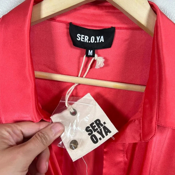 SER.O.YA Demi Silk Dress Size Medium Neon Coral Pink Shirt Dress Wrap Party - Picture 4 of 13